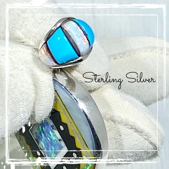 Signed SM Sterling Silver Inlaid Multi Gemstone Native American Navajo Pendant - Picture 7 of 9